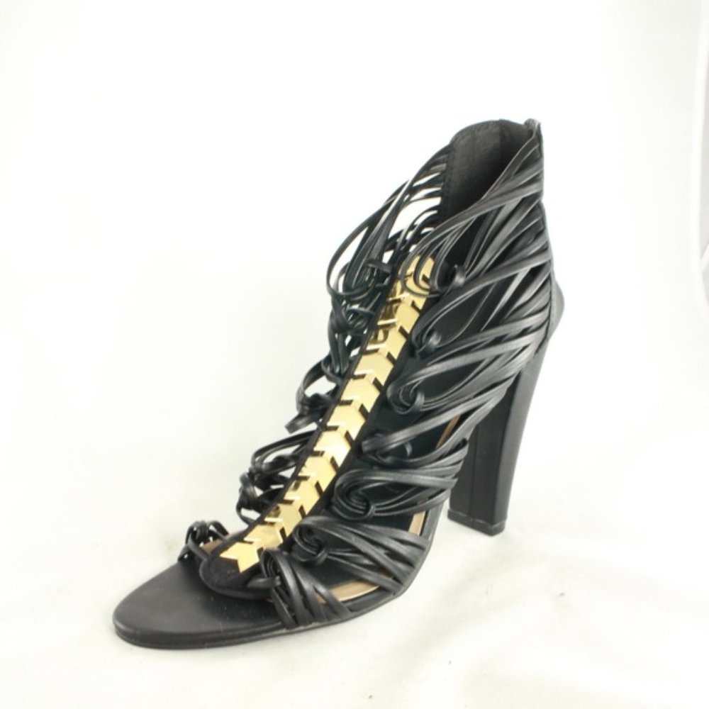 JustFab Strappy Open Toe Black Gold Sandal Heels - Picture 2 of 8